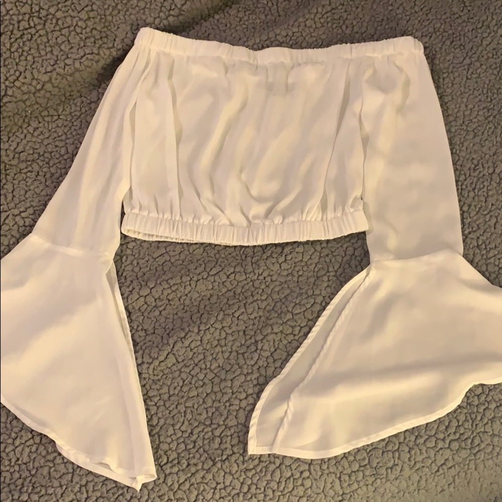 Boutique off the shoulder bell sleeve white blouse